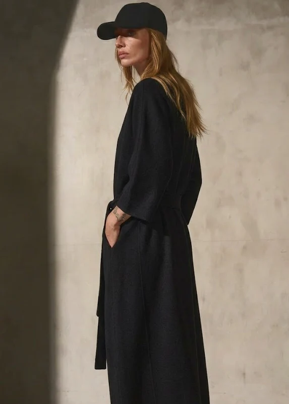 COLLARLESS CASHMERE BELTED COAT - Noir - Image 6