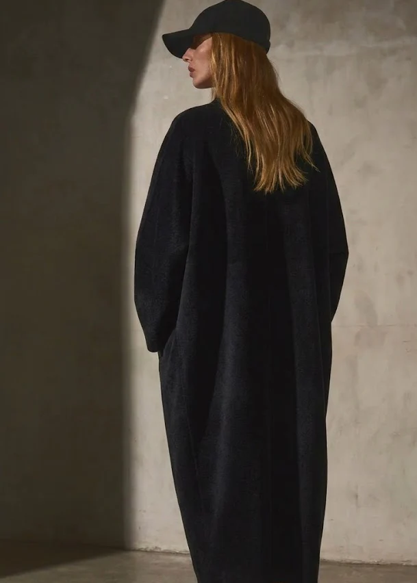 COLLARLESS CASHMERE BELTED COAT - Noir - Image 7