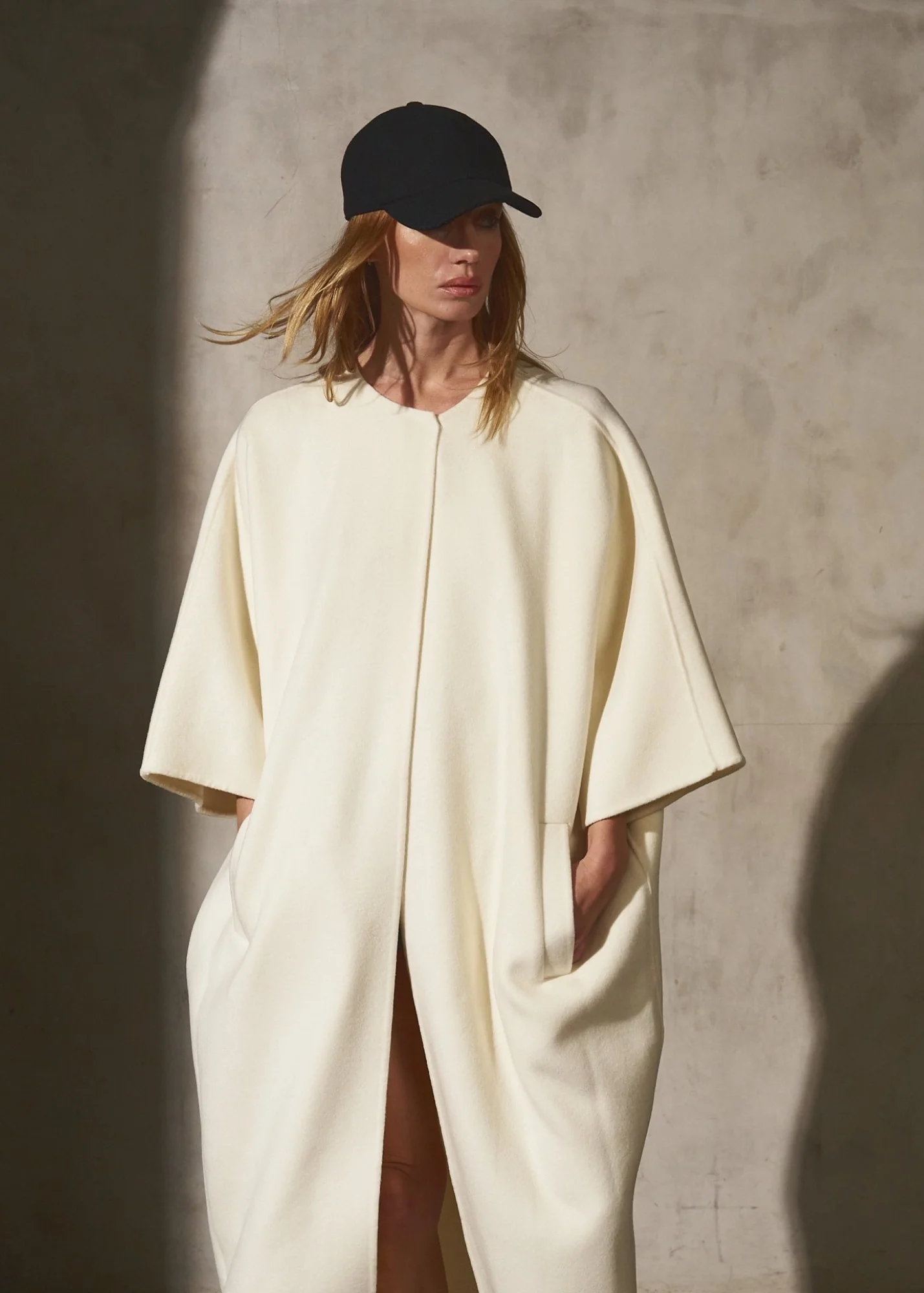 COLLARLESS CASHMERE BELTED COAT - Cream - Image 7