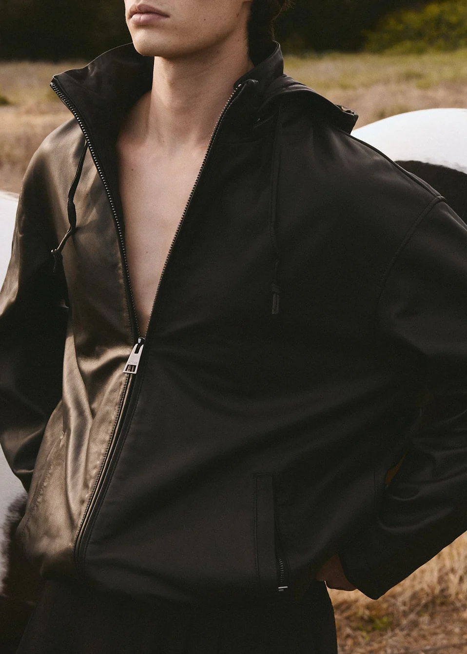 HOODED LEATHER WINDBREAKER - Noir - Image 14