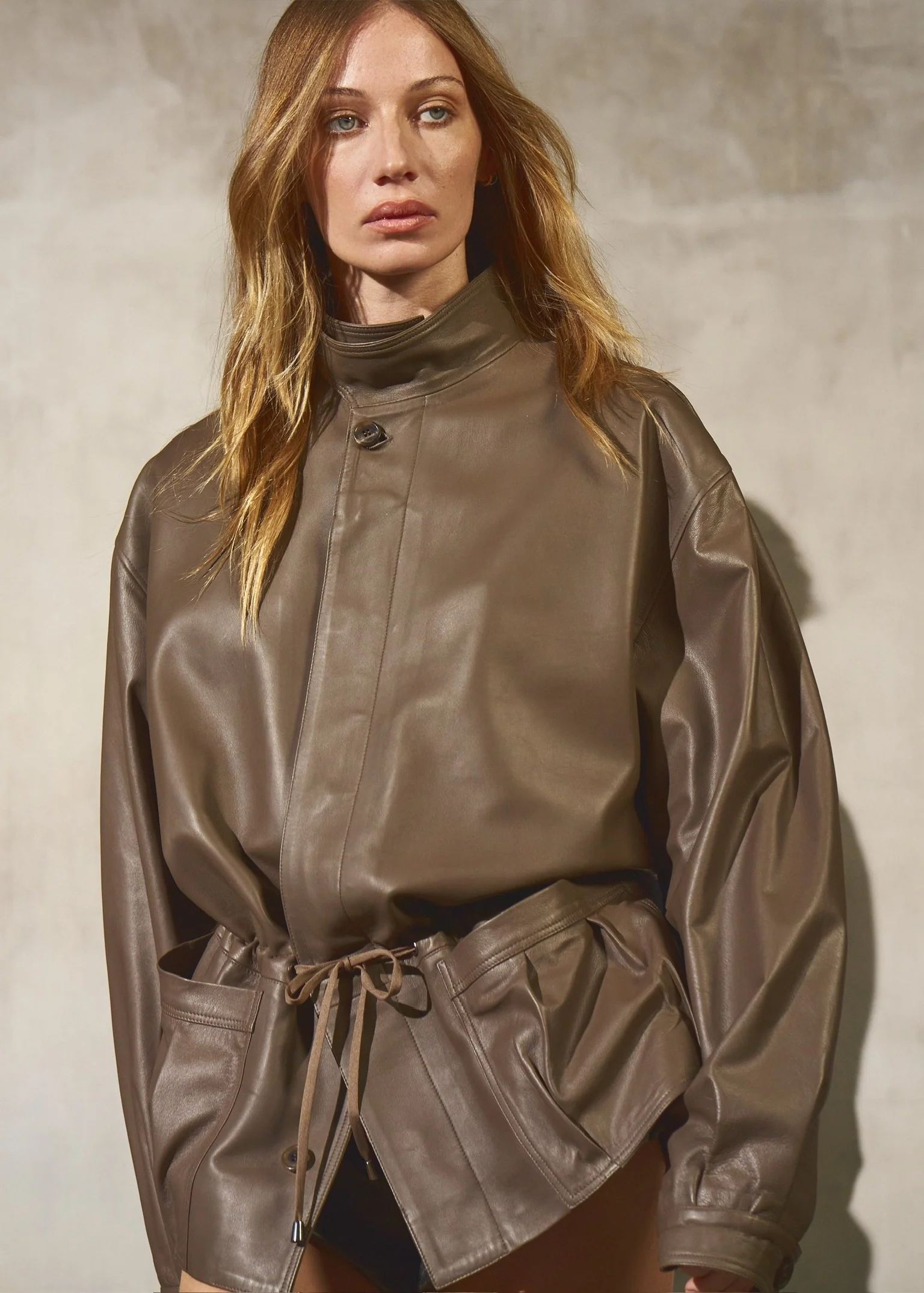 DRAWSTRING LEATHER JACKET - Coffee - Image 11