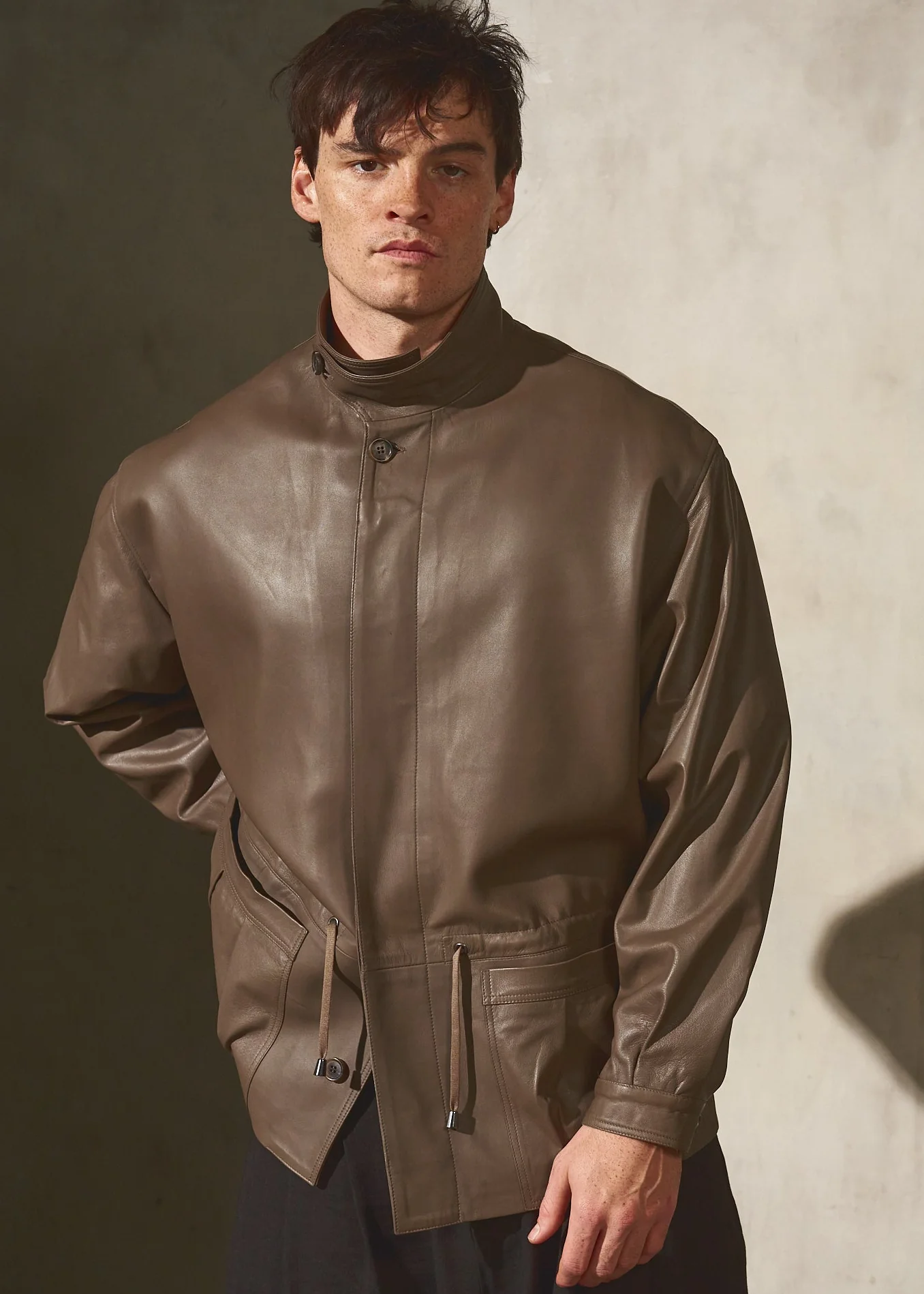 DRAWSTRING LEATHER JACKET - Coffee - Image 3