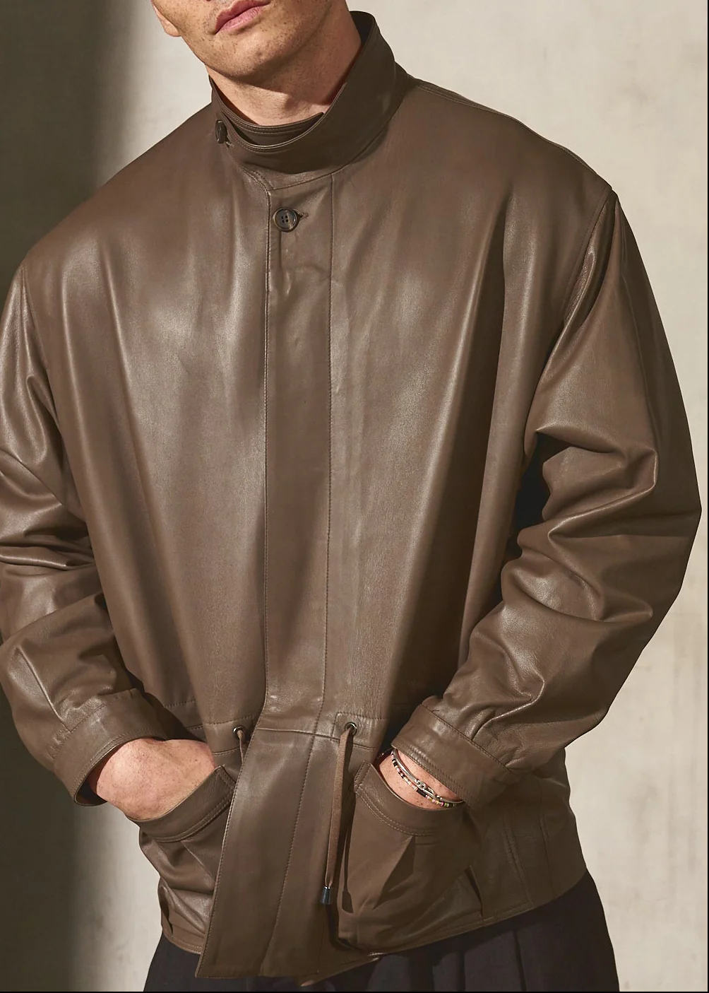 DRAWSTRING LEATHER JACKET - Coffee - Image 5