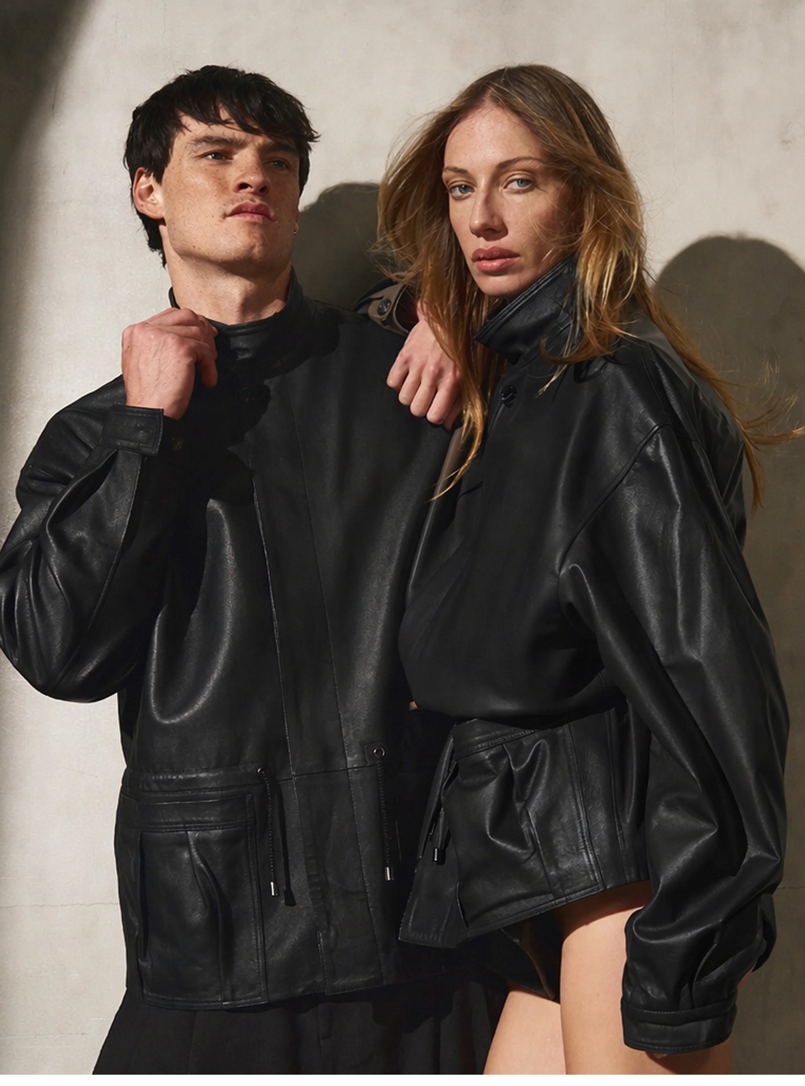 DRAWSTRING LEATHER JACKET - Noir - Image 3