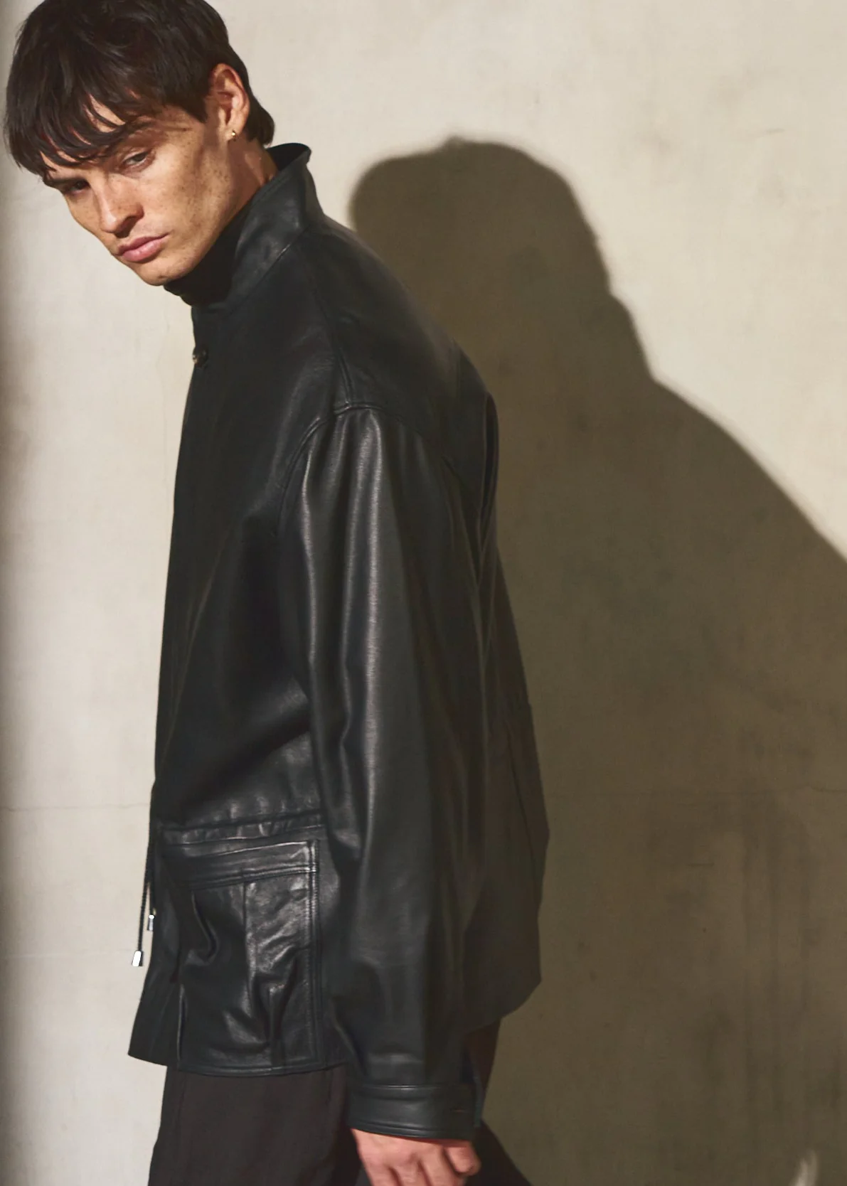 DRAWSTRING LEATHER JACKET - Noir - Image 4